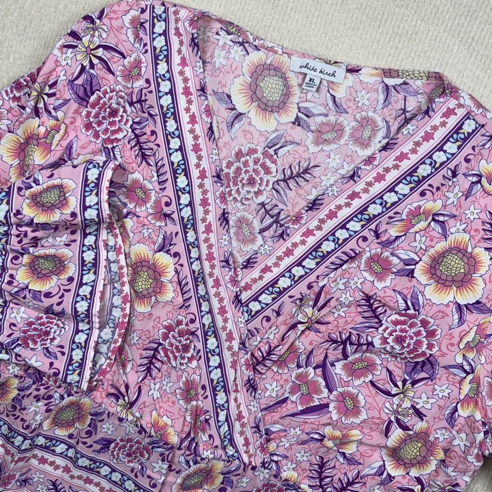 White Birch Floral Boho Pink Large Top V-Neck Bell Sleeves Cottagecore